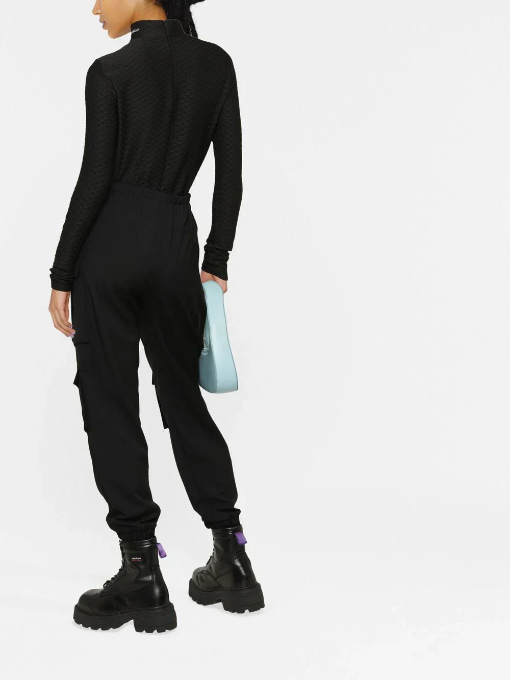 KARL LAGERFELD LOGO-EMBROIDERED TEXTURED LONG-SLEEVED TOP