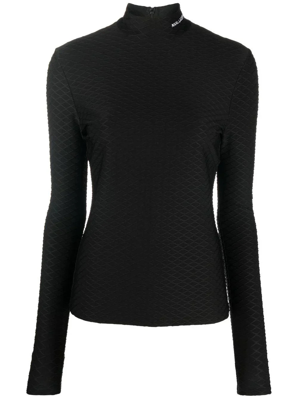 KARL LAGERFELD LOGO-EMBROIDERED TEXTURED LONG-SLEEVED TOP