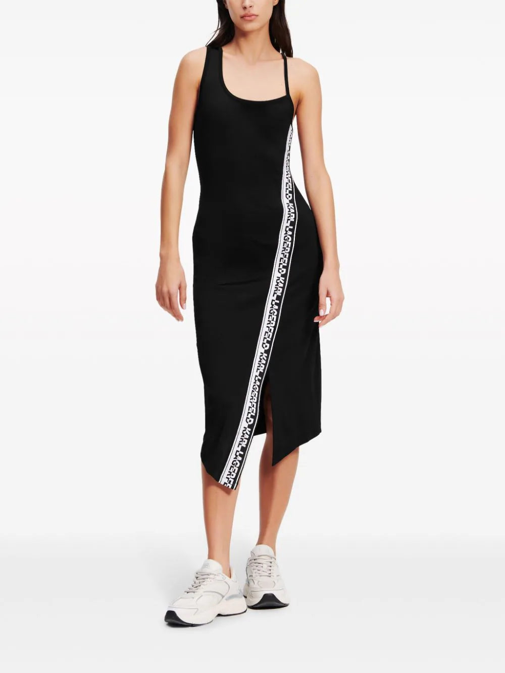 KARL LAGERFELD LOGO-TRIM ASYMMETRIC MIDI DRESS